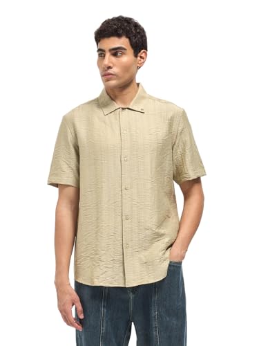 THE BEAR HOUSE Men's Textured Regular Fit Casual Shirt Beige