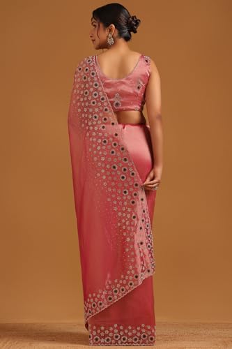 Soch Womens Blush Pink Tissue Floral Saree With Stone Work