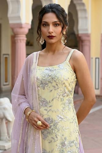 Wishful Women’s Yellow Zari Embroidered Straight Sleeveless Kurta with Cullotes and Dupatta Set - (SP11510-401090-XL)