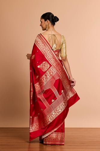 Taneira Women Red Pure Silk Kadwa Banaras Saree With Unstitched Blouse Piece (SAIH04AC5735-Red)
