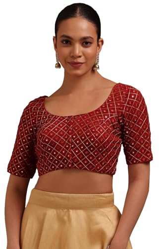 Soch Womens Maroon Georgette Embroidered Padded Blouse with Faux Mirror