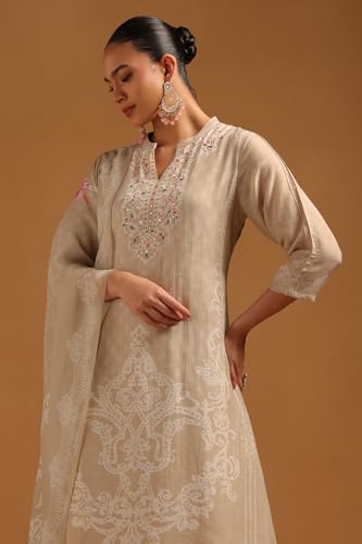 Soch Womens Beige Linen Floral Print Suit Set With Mirror Work