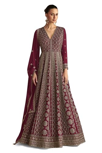 Miss Ethnik Women's Maroon Chinon Stitched Gown With Dupatta Full Sleeve Embroidered A-Line Gown (MER-1236-Maroon-4XL)