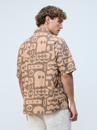 The Souled Store Oversized Shirt: Marine Men and Boys Short Sleeves Collared Neck Button Front Brown All Over Printed Cotton Oversized Shirts