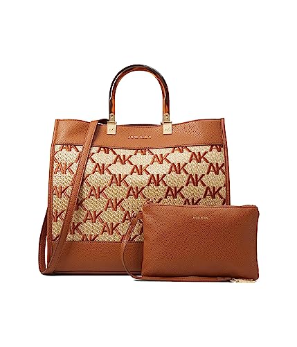 Anne Klein Large Tote in Embroidered AK Straw, Saddle-Natural/Saddle, Saddle-natural/Saddle, One Size