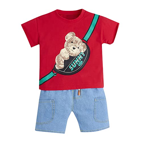 Hopscotch Boys Cotton Graphic Print T-shirt And Shorts Set in Red Color For Ages 3-4 Years (WER-4065077)