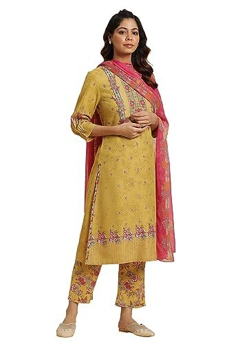 W for Woman Yellow Floral Printed Kurta, Pants and Pink Dupatta Set_24AUWS19723-121076_L