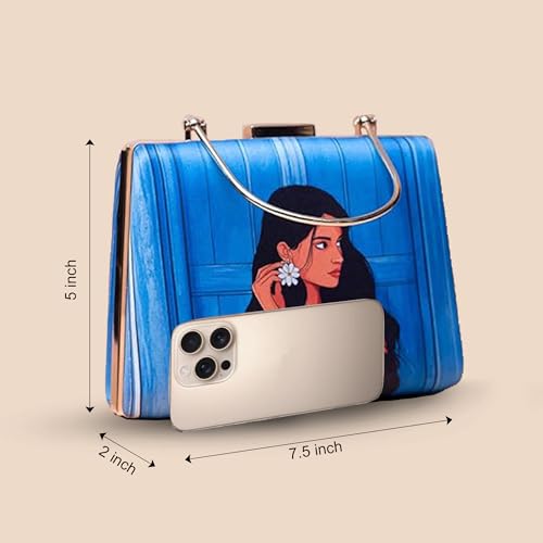 Artklim Blue Based Red Saree Women Portrait Printed Clutch Bag for Women with handle and Detachable Strap