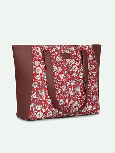 ZOUK Chittoor Red Kalamkari Floral Printed Women Jute Vegan Leather Red Side Tote Bag For Ladies With Double Handle