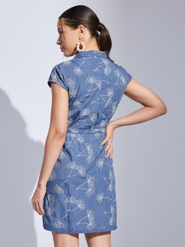 Latin Quarters Women Blue Collared Cap Sleeve Embroidery A-Line Dress for Casual Wear