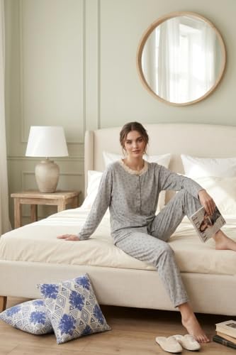 NoHook Korean Style Chest Padded Cotton Nightsuit for Women | Grey Floral Print Full Sleeve Nightwear Set | Soft Breathable Cotton Pajama Set with in-Built Bra Pads, S