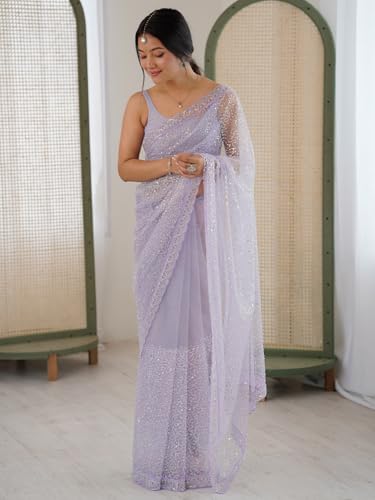 AKHILAM Women's Shimmer Lavendar Net Embellished Saree With Unstitched Blouse Piece (AARYAN20901_KR)