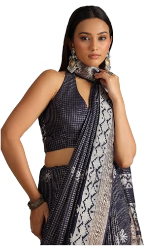 Soch Womens Navy Blue Art Silk Batik Print Saree With Zari