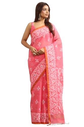 Soch Womens Pink Cotton Jamdani Woven Saree