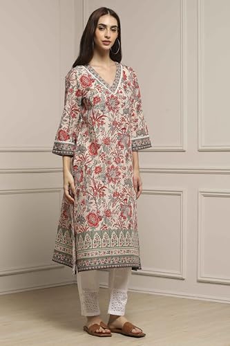 Biba Women Off White Cotton Straight Printed Kurta_42
