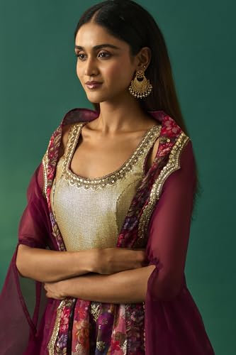 Wishful Women's Maroon Floral Printed Embellished Anarkali Kurta with Churidar and Dupatta Set - (SP12850-401147-XXL)