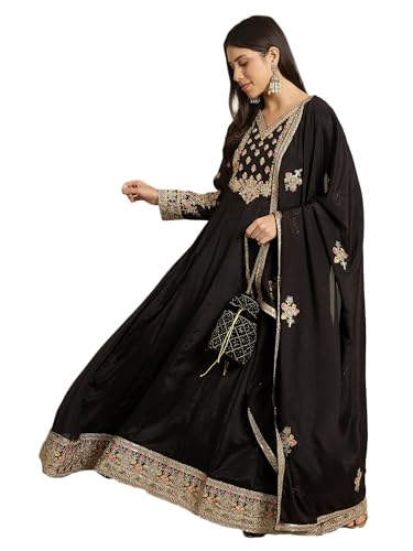 Shampysky Women's Black Chinon Stitched Gown With Dupatta Full Sleeve Embroidered Anarkali Gown (SSY-1230-Black-XXL)