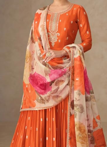Miss Ethnik Women's Orange Chinon Stitched Gown With Dupatta Full Sleeve Embroidered A-Line Gown (ME-1307-Orange-M)