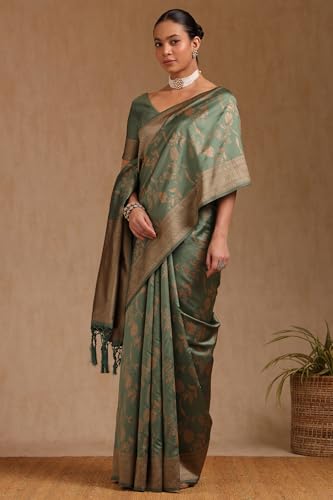 Soch Womens Sap Green Tussar Floral Print Saree