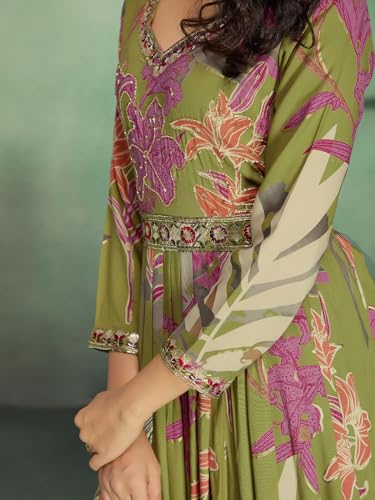 madhuram textiles Women's Rayon Print with Hand Embroidery Work Anarkali Long Gown(M-2543 Mehndi(Green)_Large)