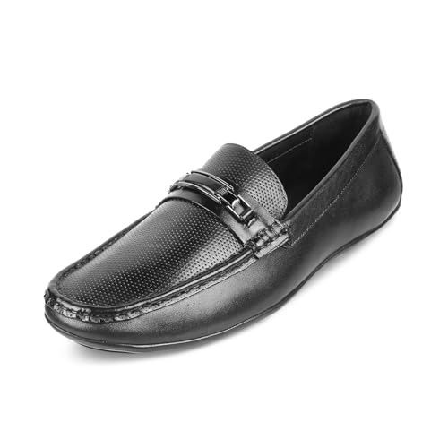 tresmode ABIA Men's Driving Loafers Leather Shoes Black, 7 UK / 41 EU - Round Toe TPR Sole Casual Footwear Penny Soft - Light Weight, Comfortable and Long Life