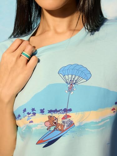The Souled Store Tom & Jerry Summer Splash : Women and Girls Short Sleeves Round Neck Light Blue Graphic Printed Cotton Relaxed Fit Breathable Soft Texture Everyday Streetwear T-Shirt