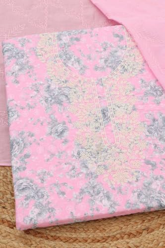 Soch Womens Lavender Cotton Floral Printed Chikankari Embroidered Dress Material