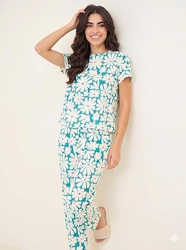 HEY FUN Women's Summer Bloom Floral Print Co Ord Set Soft Comfortable Matching Top and Bottom Casual Lounge Wear Relaxed Fit Two Piece Outfit for Home Daily Wear Travel and Indoor Use