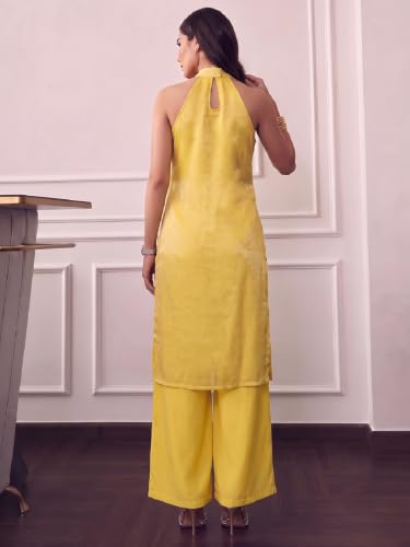Varanga Women Yellow Kurta Trousers Set V Neck Sleeveless Silk Blend
