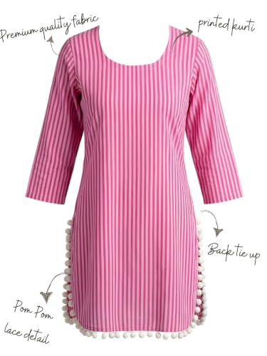 Dora Dori Women Cotton Striped Kurti | Round Neck 3/4 Sleeve Corset Back Tie-Up Detail Lace Detailing | Pink Short Kurti for Women | Casual, Office & Daily Ethnic Wear