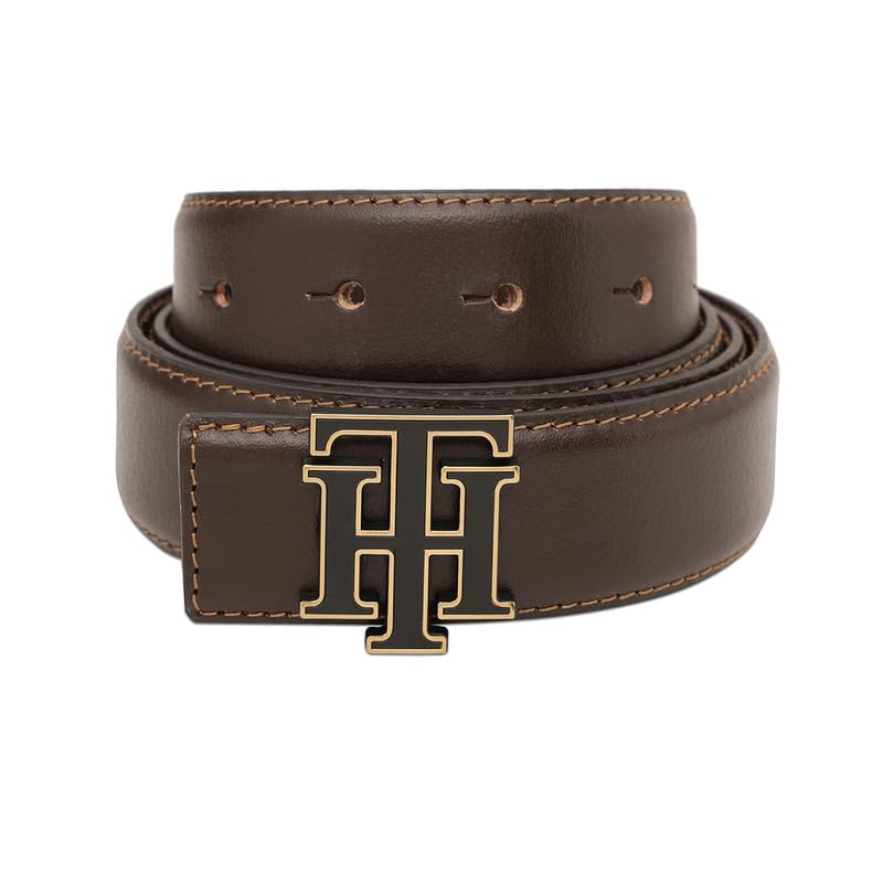 Tommy Hilfiger Men's Skibet Leather Belt - Th Interlock Monogram - Rich Brown For Classic Casual Styling & Gifting | Size M - 90 CM