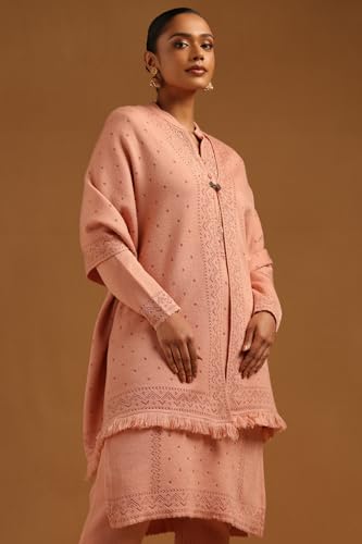 Soch Womens Peach Acrylic Floral Embroidered Winter Salwar Suit With Pearls