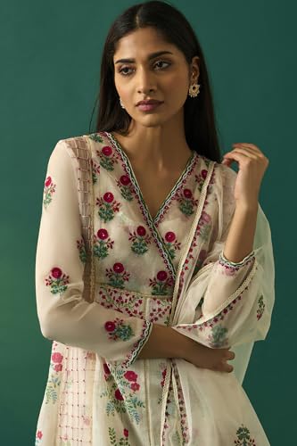 Wishful Women's Off-White Floral Embroidered Nylon Anarkali Kurta with Straight Pant and Dupatta Set - (SP12537-400316-XS)