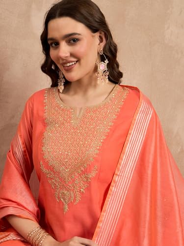 Rangavali Rust Embroidered Festive Anarkali Suit Set | Silk Chanderi Readymade Outfit Kurti, Pant & Dupatta for Women | Kurti Set for Ladies | 3 Pcs, L, 36