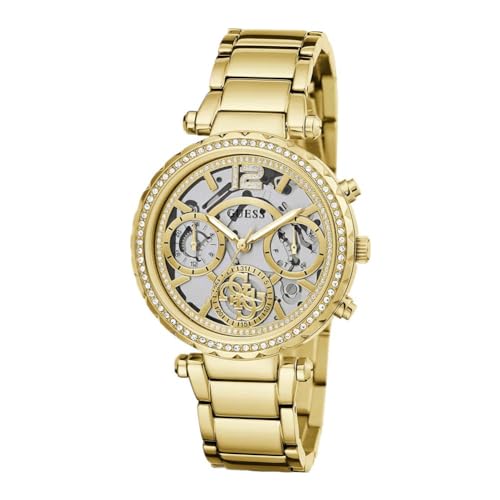 GUESS Solstice Analog Watch for Women with Clear Round Dial & Gold Stainless Steel Bracelet Band Water Resistant Women's Wrist Watches - GW0403L2