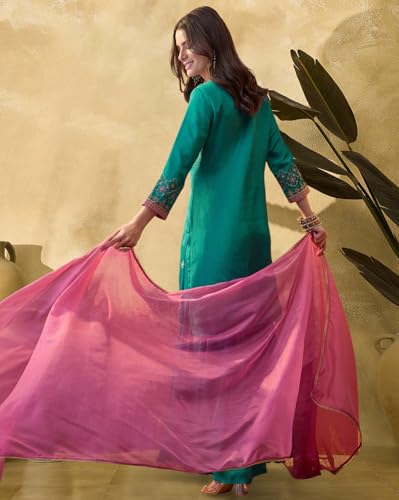 SheWill Firoji Poly Chinon Zari Sequence Thread Embroidered Kurta With Sharara And Dupatta (SHEKS10335_ANANT_A)