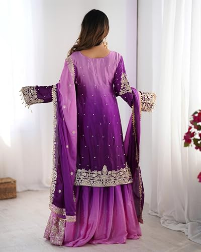 Leeli Peeri Designer Women's Chinon Silk Embroidery Light Purple Kurta Sharara Set With Dupatta(45PDM14-M)