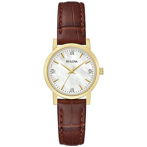 Bulova Classic Quartz Ladies Watch, Stainless Steel Diamond, Brown Leather Strap, Mother-of-Pearl Dial, Classic