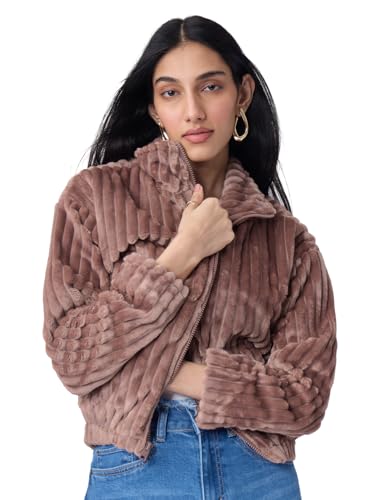 The Souled Store Textured Jacket: Dusky Rose Women and Girls Full Sleeves High Collar Dusky Rose Textured Polyester Regular Fit Lightweight Summer Jacket