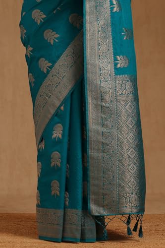 Soch Womens Blue Tussar Floral Zari Woven Saree