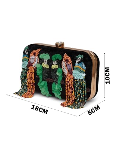 FABBHUE Women's Black Bird Hand Embroidery Party Wedding Box Clutch Purse Bag with detachable Sling