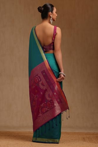 Soch Womens Teal Green Silk Solid Saree