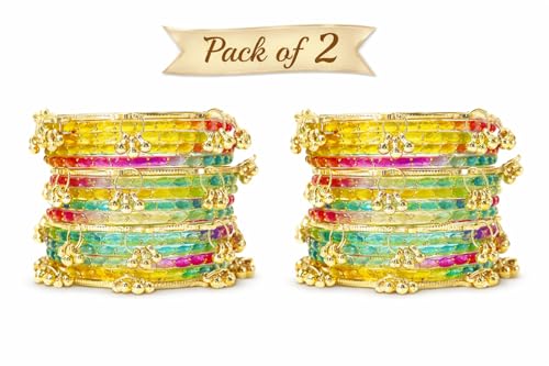 BANGLESKART Raindrop Light Multi Color Glass Bangles Set Kashmiri Ghunghroo Chuda with Plain Latkan Charms Jewelry Women (two set for two hand, 2.6)
