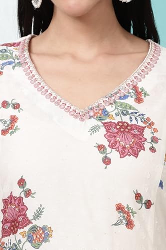 W for Woman White Floral Printed Textured Dobby A-line Kurta and Pants Co-ord Set (Size: 2XL)-WS12256-124240