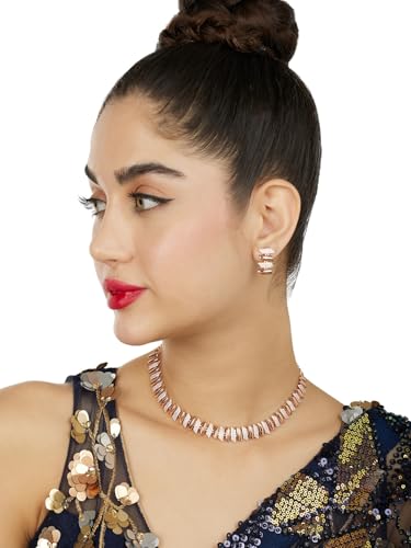 Ami Rose Gold Tone Dazzling Cubic Zirconia Bling Brass Necklace and Earring Set For Women-ZPFK21090
