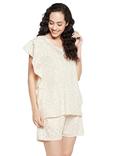 Clovia Women's Cotton Pretty Florals Kaftan Top & Short Set(LS0607P24_Beige_L)