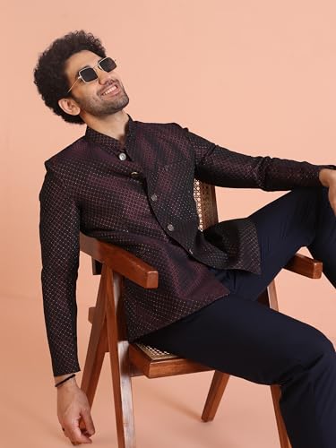 KISAH Men's Jodhpuri Bandhgala-Blazer Trouser Set, Magenta Silk Blend, Woven Design Regular Fit Mandarin Collar Long Sleeves (38)