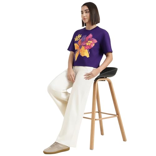 United Colors of Benetton Round Neck Floral T-Shirt (Size : XL) - 26P3099W3F11IV19 Purple