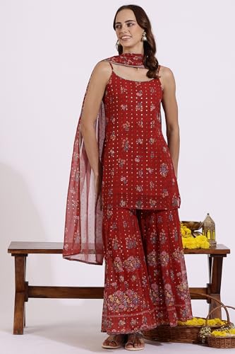 W Red Floral Printed Straight Kurta, Sharara Pant & Dupatta for Women (Size: L)-24AUWS12588-125772