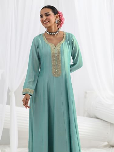 Libas Embroidered Silk Blend A-Line Ethnic Dress with Dupatta-93637L Blue